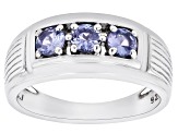 Blue Tanzanite Rhodium Over Sterling Silver Men's Ring 1.00ctw