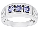 Blue Tanzanite Rhodium Over Sterling Silver Men's Ring 1.00ctw