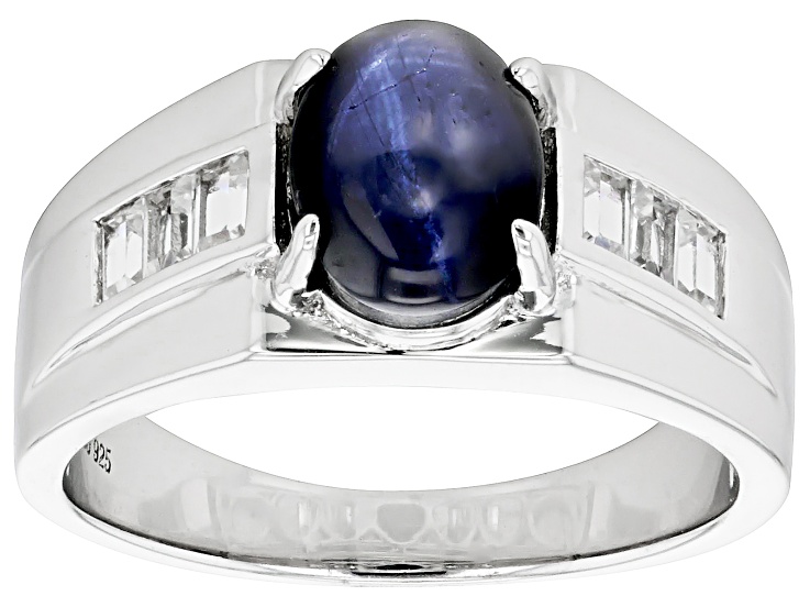 Blue Star Sapphire Rhodium Over Sterling Silver Men's Ring