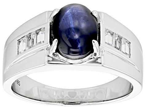 Blue Star Sapphire Rhodium Over Sterling Silver Men's Ring 0.47ctw