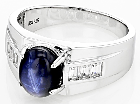 Blue Star Sapphire Rhodium Over Sterling Silver Men's Ring 0.47ctw