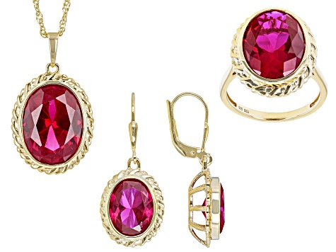 Red Lab Created Ruby 18k Yellow Gold Over Sterling Silver Ring, Earring And Pendant With Chain Set