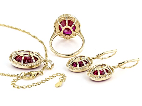 Red Lab Created Ruby 18k Yellow Gold Over Sterling Silver Ring, Earring And Pendant With Chain Set