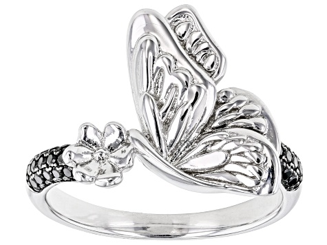 Black Spinel Rhodium Over Sterling Silver Flower And Butterfly Ring 0.21ctw
