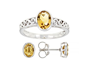 Yellow Citrine Rhodium Over Sterling Silver Ring And Stud Earring Set Of 2 2.47ctw