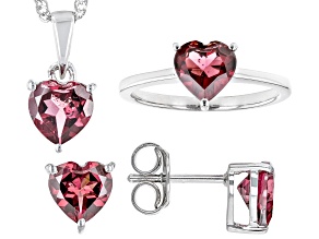 Red Garnet Rhodium Over Sterling Silver Heart Ring, Earring & Pendant With Chain Set 4.08ctw