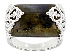 Gray Labradorite Rhodium Over Sterling Silver Band Ring