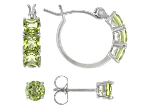 Green Peridot Rhodium Over Sterling Silver Stud And Hoop Earring Set 3.30ctw