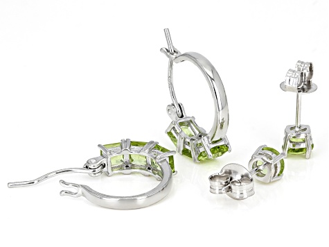 Green Peridot Rhodium Over Sterling Silver Stud And Hoop Earring 
