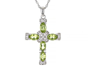 Green Peridot Rhodium Over Sterling Silver Cross Pendant With Chain 2.63ctw