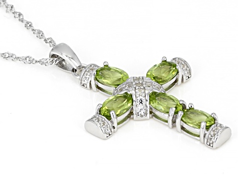 Green Peridot Rhodium Over Sterling Silver Cross Pendant With Chain 2.63ctw