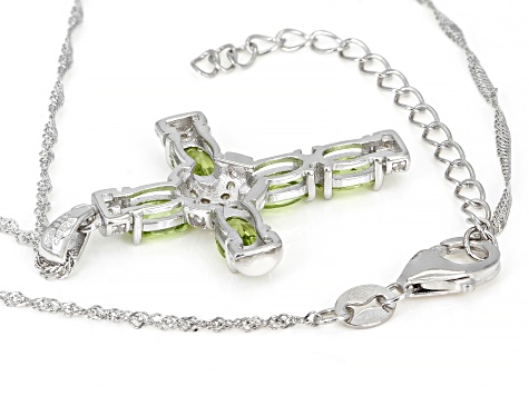 Green Peridot Rhodium Over Sterling Silver Cross Pendant With Chain 2.63ctw