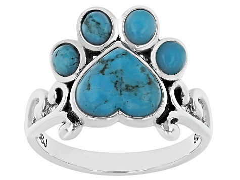 Blue Turquoise Rhodium Over Sterling Silver Paw Print Ring