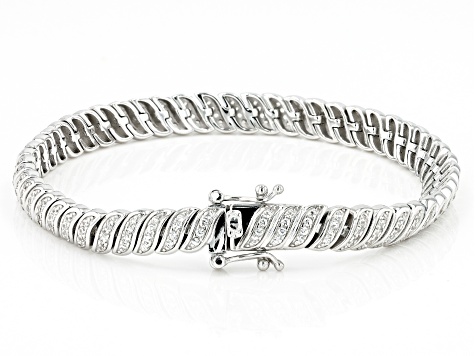 Men's Bracelet Silver Nail with Zircon Diamond - White Leather