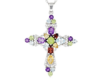 Picture of Multi-Gemtsone Rhodium Over Sterling Silver Cross Pendant With Chain 5.18ctw