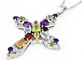 Multi-Gemtsone Rhodium Over Sterling Silver Cross Pendant With Chain 5.18ctw