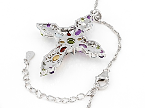 Multi-Gemtsone Rhodium Over Sterling Silver Cross Pendant With Chain 5.18ctw