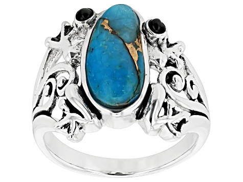 Blue Turquoise With Black Onyx Sterling Silver Frog Ring