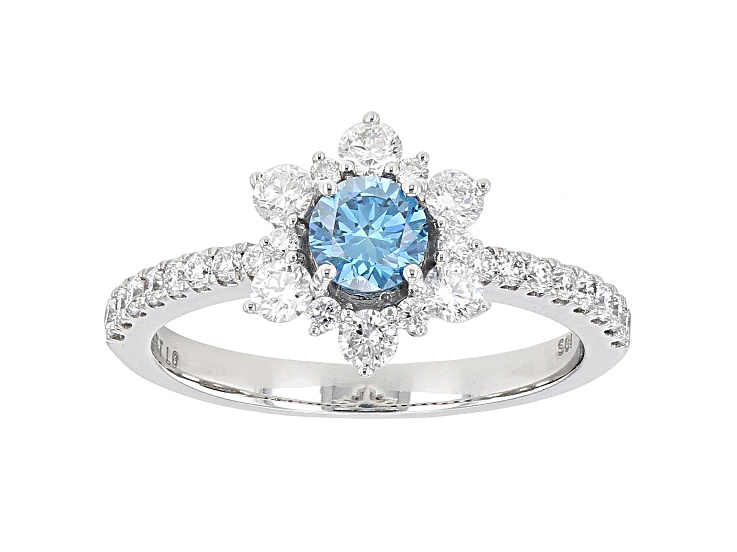 Blue And White Lab-Grown Diamond 14k White Gold Floral Engagement Ring 1.00ctw