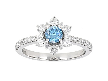 Picture of Blue And White Lab-Grown Diamond 14k White Gold Floral Engagement Ring 1.00ctw