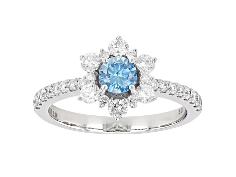 Blue And White Lab-Grown Diamond 14k White Gold Floral Engagement Ring 1.00ctw