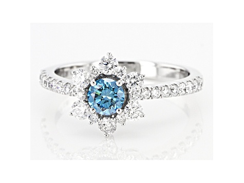 Blue And White Lab-Grown Diamond 14k White Gold Floral Engagement Ring 1.00ctw