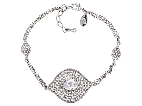 Silver Tone with White Crystal Evil Eye Station Bracelet