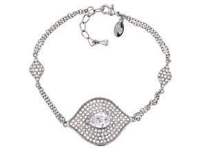 Silver Tone with White Crystal Evil Eye Station Bracelet