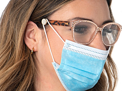 Gold Tone White Crystal Pave Button Mask Holder for Glasses