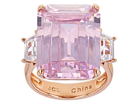 Pink And White Cubic Zirconia Rose Tone Emerald Cut Ring 32.80CTW
