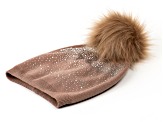 Taupe Angora Wool Hat with Crystals with Pom Pom