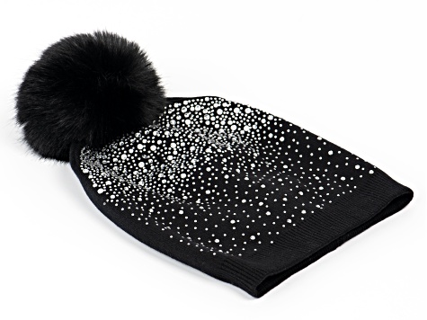 Black Angora Wool Hat with Crystals with Black Pom Pom