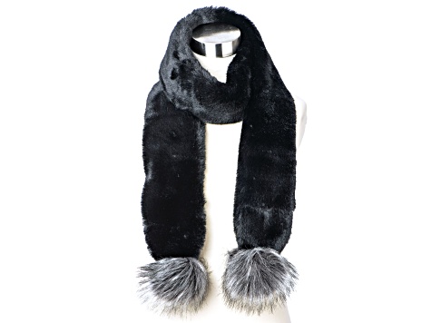 Black Faux Fur Polyester Scarf with Gray Pom Poms