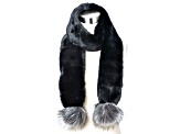 Black Faux Fur Polyester Scarf with Gray Pom Poms