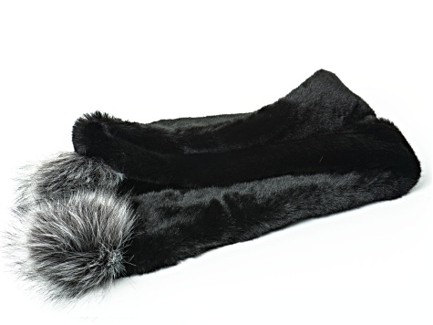 Black Faux Fur Polyester Scarf with Gray Pom Poms