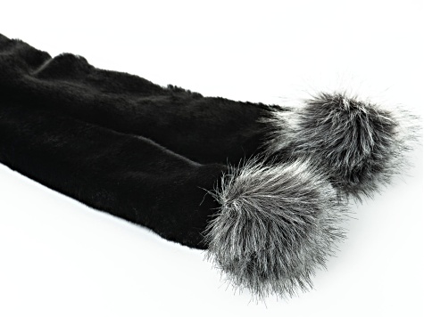 Black Faux Fur Polyester Scarf with Gray Pom Poms