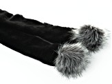 Black Faux Fur Polyester Scarf with Gray Pom Poms