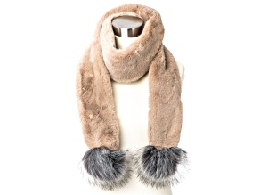 Taupe Faux Fur Polyester Scarf with Dark Gray Pom Poms