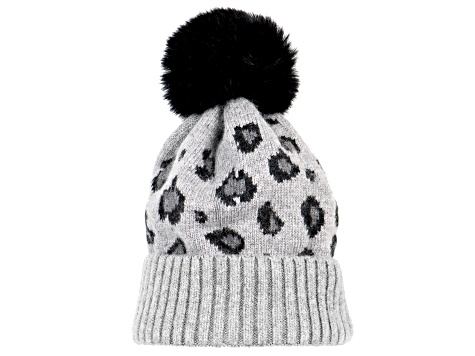 Gray Wool Blend Leopard Hat with Black Pom