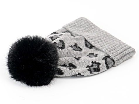 Gray Wool Blend Leopard Hat with Black Pom