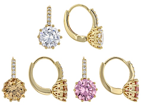 Clear, Champagne, and Pink Cubic Zirconia Set of 3 Gold Tone Earrings 24.60ctw