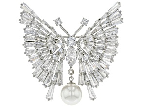 White Cubic Zirconia and Pearl Simulant  Silver Tone Butterfly Pin/Brooch 19.00ctw