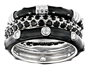 White Cubic Zirconia and Black Enamel Silver Tone Stackable Ring 0.03ctw