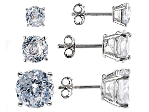 Round White 100 Facet Cubic Zirconia Silver Tone 6mm,8mm,10mm Set of 3 Stud Earrings 11.90ctw