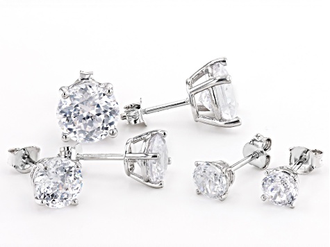Round White 100 Facet Cubic Zirconia Silver Tone 6mm,8mm,10mm Set of 3 Stud Earrings 11.90ctw