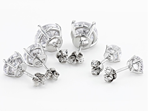 Round White 100 Facet Cubic Zirconia Silver Tone 6mm,8mm,10mm Set of 3 Stud Earrings 11.90ctw