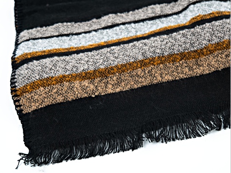 Black, White, and Mustard Stripe Textured Ruana with Fringe Detailing