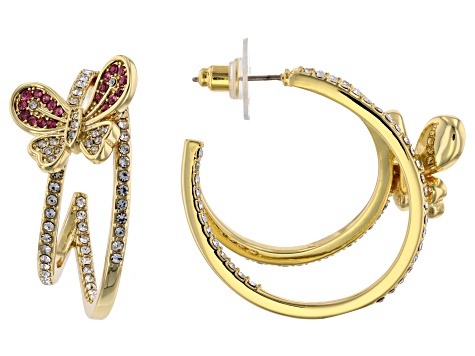 Pink and White Crystal Shiny Gold Tone Butterfly Earrings