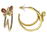 Pink and White Crystal Shiny Gold Tone Butterfly Earrings