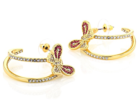 Pink and White Crystal Shiny Gold Tone Butterfly Earrings